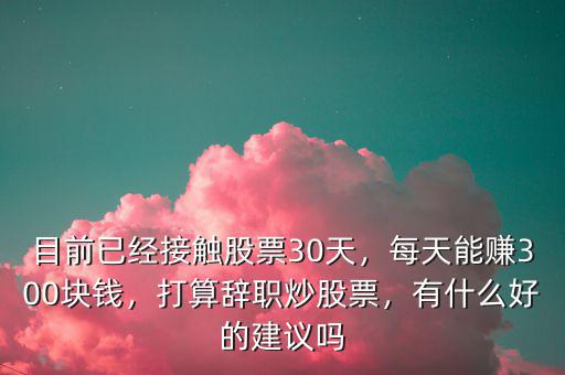 目前已經(jīng)接觸股票30天，每天能賺300塊錢，打算辭職炒股票，有什么好的建議嗎