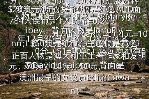 1 澳幣是多少人民幣$根據(jù)2019年12月30日匯率，1澳元=4.8784人民幣，1人民幣=0.205澳元 澳幣的貨幣代碼是A$,AUD，分/仙（cent，c）1元=100分（$1=100c）澳元面額有5元，10元，20元，50元，100元的塑料錢幣另有5分，10分，20分，50分，1元，2元鑄幣擴(kuò)展資料$20澳元紙幣：主色調(diào)是紅色，正面人物是船運(yùn)大亨和慈善家MaryReibey；背面人物是JohnFlynn；$50澳元紙幣：主色調(diào)是黃色，正面人物是澳大利亞土著作家和發(fā)明家DavidUnaipon；背面是澳洲最早的女議員EdithCowan；
