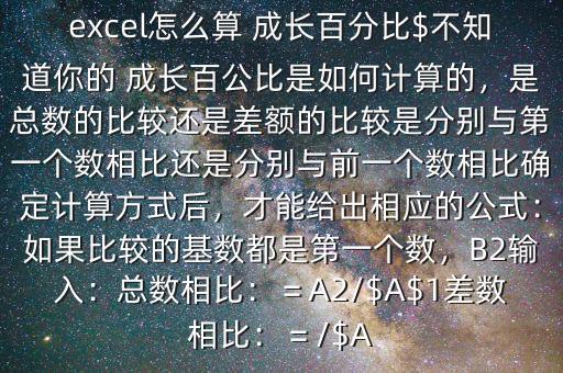 excel怎么算 成長(zhǎng)百分比$不知道你的 成長(zhǎng)百公比是如何計(jì)算的，是總數(shù)的比較還是差額的比較是分別與第一個(gè)數(shù)相比還是分別與前一個(gè)數(shù)相比確定計(jì)算方式后，才能給出相應(yīng)的公式：如果比較的基數(shù)都是第一個(gè)數(shù)，B2輸入：總數(shù)相比：＝A2/$A$1差數(shù)相比：＝/$A