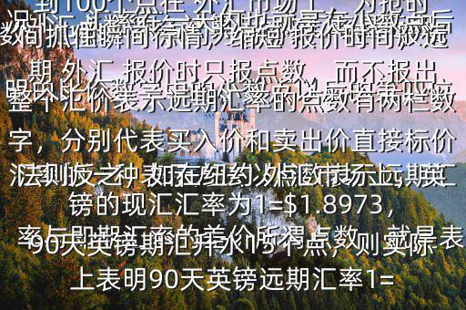  外匯點(diǎn)數(shù)怎么計(jì)算$點(diǎn)數(shù)匯率是遠(yuǎn)期匯率的一種表示方法以點(diǎn)數(shù)表示遠(yuǎn)期匯率與即期匯率的差價(jià)所謂點(diǎn)數(shù)，就是表明由比價(jià)數(shù)字中的小數(shù)點(diǎn)以后的第四位數(shù)，也即一個(gè)點(diǎn)約為萬分之一在一般情況下，匯率在一天內(nèi)也就是在小數(shù)點(diǎn)后的三位數(shù)變動(dòng)，也即變動(dòng)幾十個(gè)點(diǎn)，不到100個(gè)點(diǎn)在 外匯市場上，為搶時(shí)間抓住瞬間行情，縮短 報(bào)價(jià)時(shí)間，遠(yuǎn)期 外匯 報(bào)價(jià)時(shí)只報(bào)點(diǎn)數(shù)，而不報(bào)出整個(gè)匯價(jià)表示遠(yuǎn)期匯率的點(diǎn)數(shù)有兩欄數(shù)字，分別代表買入價(jià)和賣出價(jià)直接標(biāo)價(jià)法則反之，如在紐約 外匯市場上，英鎊的現(xiàn)匯匯率為1=$1.8973，90天英鎊期匯升水15個(gè)點(diǎn)，則實(shí)際上表明90天英鎊遠(yuǎn)期匯率1=