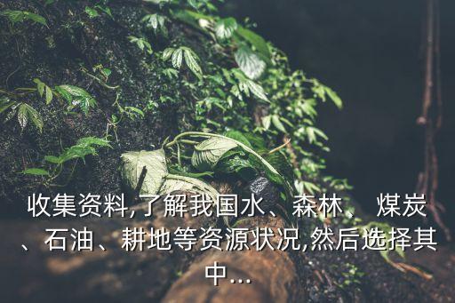 收集資料,了解我國水、森林、 煤炭、石油、耕地等資源狀況,然后選擇其中...